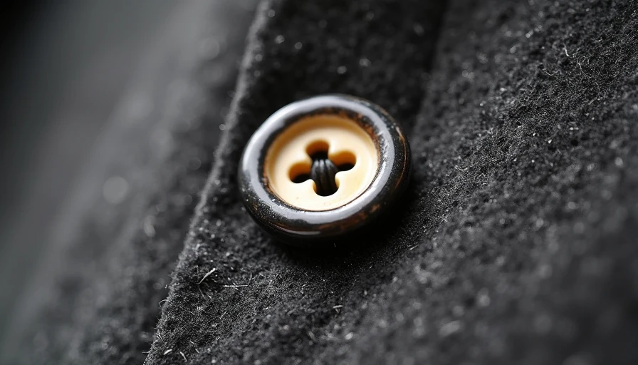 The Space Between Button and Fabric horn button with thread shank on charcoal wool coat pressed gently craftsmanship detail