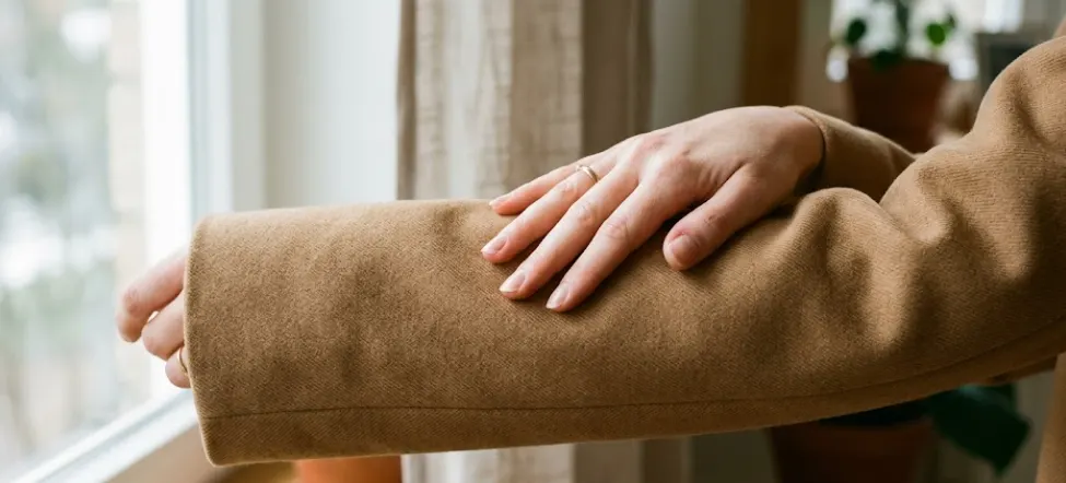 The Surface That Stays Smooth smooth long staple wool coat sleeve under daylight hand stroking fabric no pilling